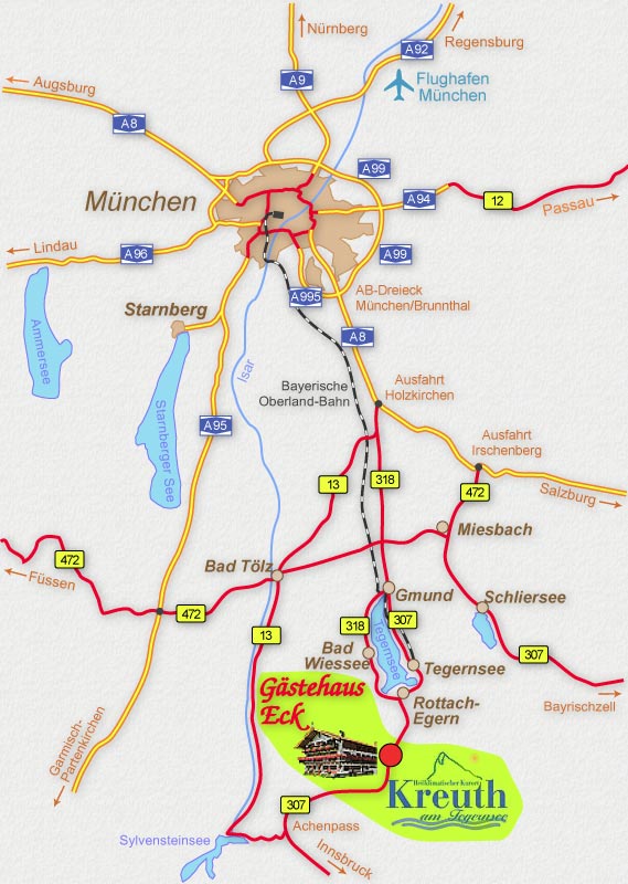 Ausschnitt aus der Ortskarte von Kreuth mit Kennzeichung der Lage des Gstehaus Eck und der Skilifte